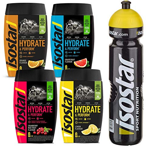Isostar Hydrate & Perform Iso Drink – Elektrolyt Pulver – Orange + Zitrone + Cranberry + Grapefruit (4x400g)+Trinkflasche 1L