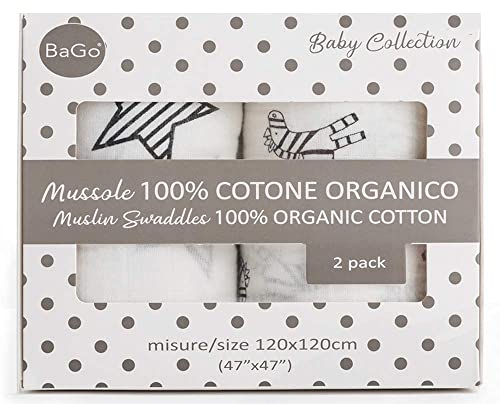 Mussole Bago® Musselin für Neugeborene, 100 % Bio-Baumwolle, zertifiziert nach Gots, 120 x 120 cm, Musselin, Bettlaken für Wiege, 2 Muster, Schutzbeutel für den Transport