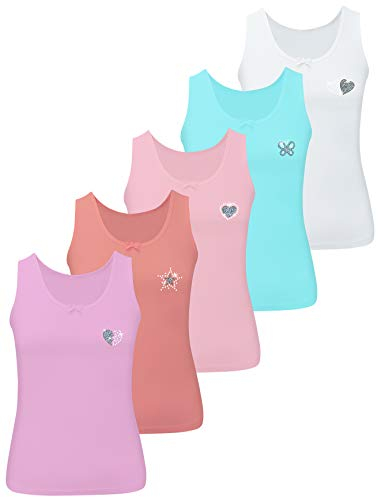 LOREZA ® 5 Stück Mädchen Baumwolle Strass & Glitzer Unterhemden (152-158 (12-13 Jahre), Modell 2-5 STÜCK)
