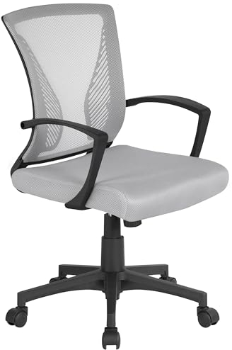 Yaheetech Bürostuhl Ergonomisch, Schreibtischstuhl mit Netzbespannung, Arbeitsstuhl mit Armlehnen, Chefsessel aus Mesh, höhenverstellbarer Computerstuhl 136 kg, atmungsaktiv, Wippfunktion Grau