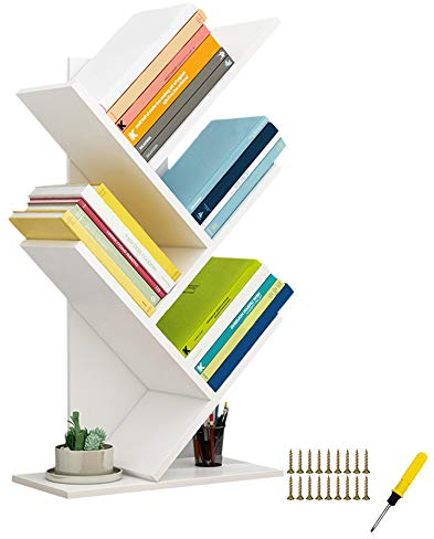 QUMENEY Estantería para árbolestorre de Libros de Madera, estantería de 5 estantes, Soporte para Libros Estante de Almacenamiento para exhibición, Estante Organizador para el hogar, Oficina (Blanco)