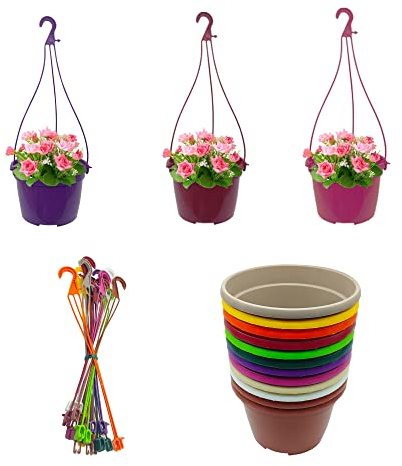 Murgiplast Pots en Plastique à Suspendre pour Plantes et Fleurs, cintres suspendues et Crochets pour Jardin intérieur et extérieur, Grands bacs colorés et Pots à Suspendre, 12 unités (Petit)