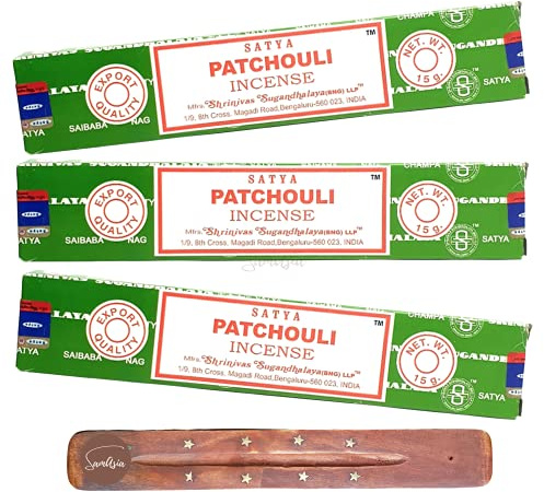 Satya Nag Champa Patchouli Incense Sticks | x3 pack | with SAMASIA incense sticks holder | Used for Aromatherapy, Spa, Yoga, Weddings, Meditation, Positivity and Relaxation