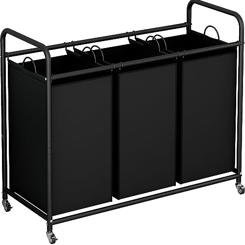 LINZINAR 3-Bag Laundry Basket Sorter Laundry Hamper Cart with Heavy Duty Rolling Lockable Wheels and Removable Bags (Black)