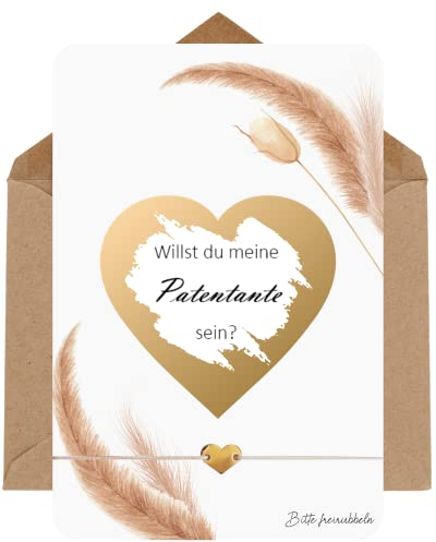 LeniSch Patentante fragen Geschenk | Rubbelkarte mit Herz Armband (18K Gold) | Willst du meine Patentante sein | Rubbellos Geschenk Patin