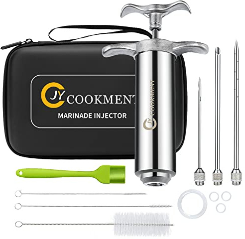 JY COOKMENT Meat Injector Syringe 2-oz Marinade Flavor Barrel 304 Stainless Steel with 3 Marinade Needles, Travel Case for BBQ Grill Smoker, Turkey, Brisket, Paper Instruction and E-book Included by