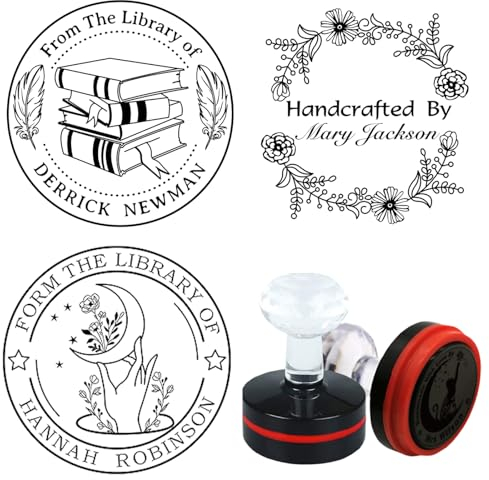 PLIGREAT Individuell Text Adressstempel Firmenstempel mit 16 Entwürfe Logo Personalisierter Bibliothek Stempel Namensstempel Personalisierung für Hochzeiten Einladungen Geschenkanhänger