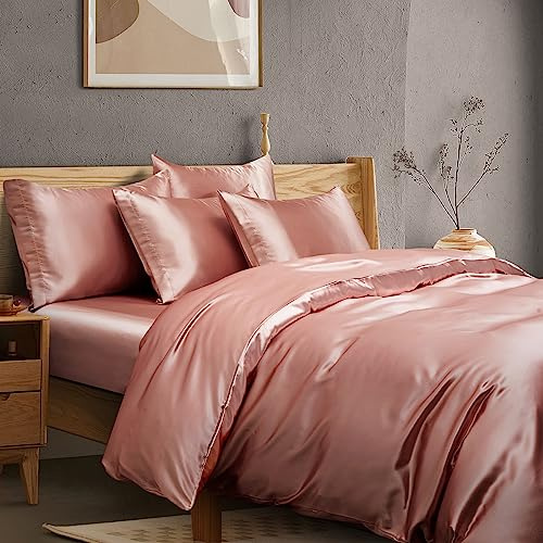 Manyshofu 6Pcs Rose Gold Satin Duvet Cover Set Silky Queen Bed Duvet Cover - Not Comforter, Cooling & Luxury Satin Comforter Cover Set - 1 Satin Duvet Covers, 1 Satin Fitted Sheet, 4 Pillowcases