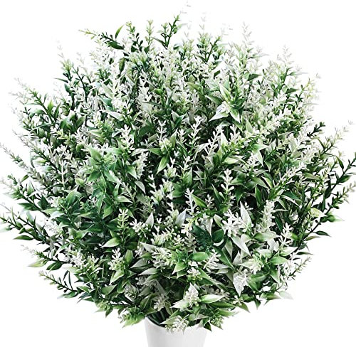 Xiaomoyu 6 Pcs Artificial Lavender Flowers, Fake Faux Lavender Bouquets, Plastic Outdoor Indoor Artificial Flowers Plants UV Resistant Greenery Shrubs Planter for Wedding Garden Decorations - White