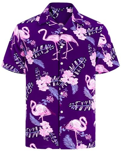 J.VER Hawaii Hemd Flamingo Blumenhemd HerrenHemd Kurzarm Leichtes Sommerhemd Bunte Freizeithemd Regular Fit Lila Flamingo 2XL