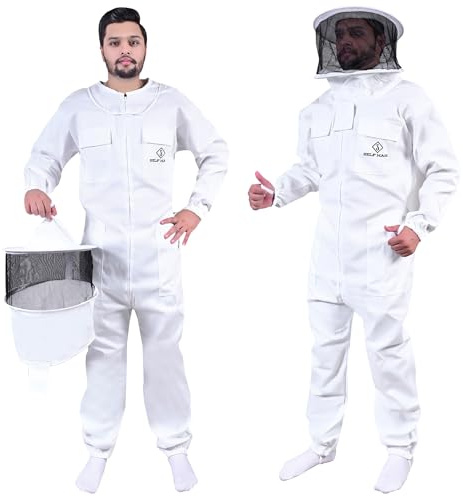 S Self Mark Bee Suit Professional Full Body Polycotton Beekeeping Clothes Veil Hood Hat Protective Beekeeping Suit Jacket Coat and Trouser Beekeepers Equipment for Men & Women (S, Round Veil)