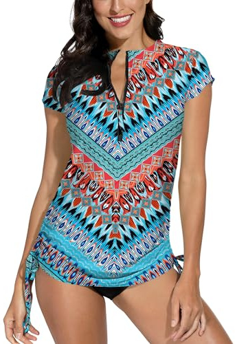 Women Zip Crew Neck Lightweight Rash Guards Swimwear Zipper Swimsuit Rash Vest A5 L