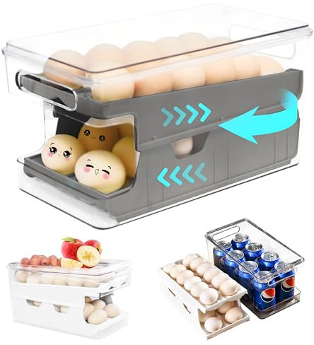 Eierhalter für Kühlschrank, Eierspender für Kühlschrank, 24 Stück, automatischer Eieraufbewahrungsbehälter für Kühlschrank, Küche, Speisekammer, Organisation, Grau