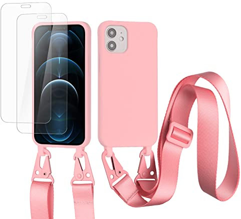 vrupin Cover con Cordino compatibile con iphone 12 Mini+(Regala 2 Pezzi Vetro Temperato).custodia con cordino rimuovibile,TPU Bumper,Silicone Liquido Shell—rosa