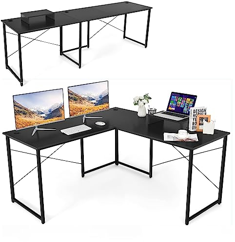 GIANTEX Schreibtisch Eckschreibtisch L-Form Computertisch umkehrbar PC-Tisch mit Monitorständer 2 Kombinationen Computerschreibtisch Winkelschreibtisch Bürotisch Ecktisch Gaming-Tisch (Schwarz)