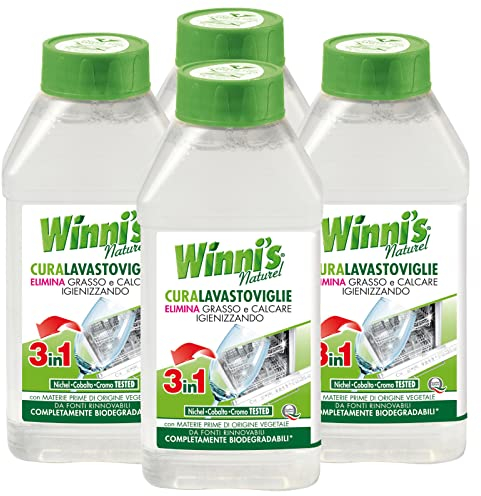 Winni's Naturel CuraLavastoviglie Liquido Formula 3in1 Sgrassante Anticalcare Igenizzante Ipoallergenico Materie Prime Origine Vegetale Completamente Biodegradabili - 4 Flaconi da 250ml