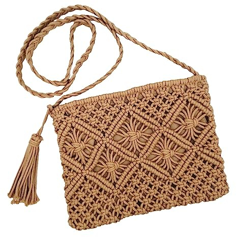 oukesin Borsa a tracolla da spiaggia estiva in nappa fatta a mano in macramè di cotone da donna, 041Cachi
