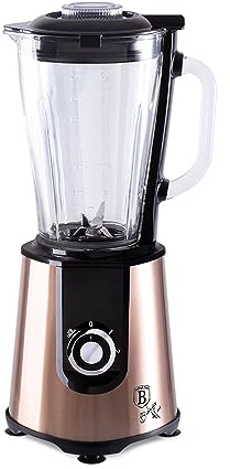 Berlinger Haus, Blender électrique avec bocal en verre de 1,75 L, 1000 W,or rose, Collection Rose Gold, Noir avec bouton d'anneau chromé en argent brillant, Pieds antidérapants, acier inoxydable