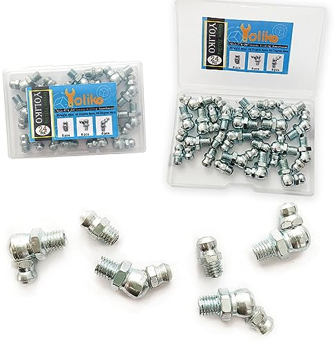 Yoliko 1/4 -28 24Pcs Fett Fitting Sortiment Gerade 45 90 Grad Fett Zerk Fittings, Verzinkte Stahl Fett Fittings und Fettpresse Tipps für Industrie/Landwirtschaftliche Maschinen Autos Schiffe ets