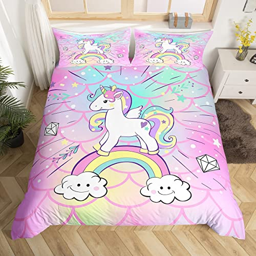 Fille Licorne Enfants Ensemble de Literie Mignon Animaux Literie Couverture Rose sirène écailles Housse de Couette 220x240cm Licorne arc - en - ciel Couette Housse décoration de Chambre Literie