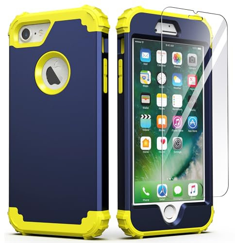 IDweel Schutzhülle für iPhone 8 mit Displayschutzfolie, iPhone 7, 3-in-1, stoßfest, Hybrid, strapazierfähig, harte PC-Hülle, weiches Silikon, langlebig, Rundumschutz, Marineblau/Gelbblau