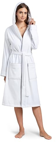 Twinzen Bademantel Damen – 100% Baumwolle, Frottee-Velours, mit Kapuze, OEKO-TEX zertifiziert, weich und komfortabel - Weiß - XS