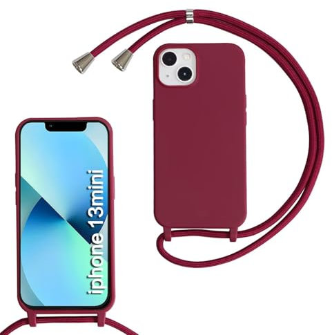 MBSLFY Lanyard Case for iPhone 13 Mini, Liquid Silicone Protective Phone Case with Strap Adjustable Neck Cord Necklace Soft Cover for iPhone 13 Mini, Red