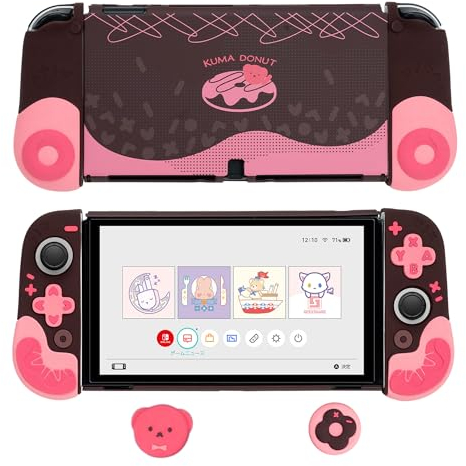 GeekShare Donut Coque de Protection Antichoc pour Switch OLED avec poignées pour manettes Joy Con et 2 Capuchons de Pouce, Chocolat Noir