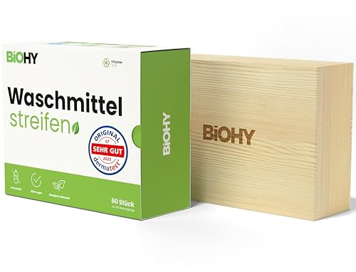 BiOHY Waschmittel Blätter (1 x 60 Stück) mit Holz Aufbewahrungsbox | Waschmittel Blätter ohne Plastik, wasserlösliche Waschstreifen als Universal Reisewaschmittel