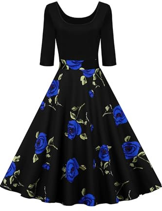 AXOE Femme Robe Vintage Années 50 Pin up Rockabilly 3/4 Manche Longne Noire avec Fleurs de Rose Bleu F10B, Taille 50, 4XL