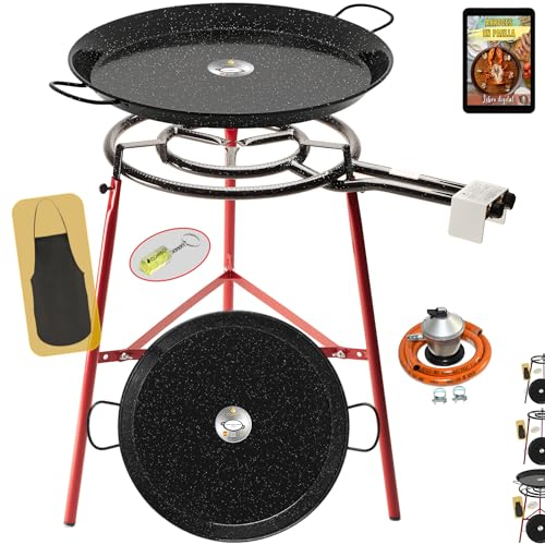 COMBOI Paellero gas butano 50 cm, paella Kit Quemador paelleras esmaltadas de 60 cm + 42 cm, Regulador de gas, Manguera, Soporte Patas reforzadas, nivel, delantal, Libro de Recetas digital