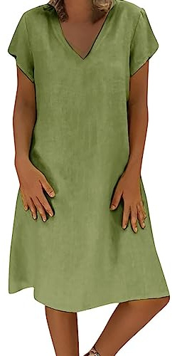 DeaAmyGline Leinenkleid Damen Sommer Sommerkleid Leicht und Luftig T Shirt Kleid Knielang Blusenkleid V Ausschnitt Casual Lose Tunika Midikleid Freizeitkleid Baumwolle Leinen Kleider
