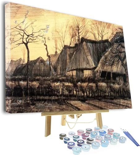 Vincent Van Gogh Kit de peinture par numéro pour adultes, maisons avec toit de chaume par numéros pour débutants
