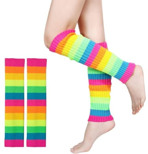 KUMSODE Calentadores de Piernas para Mujer Calentadores de Piernas de Punto de Hilo de Invierno de Colores Arcoíris para Mujeres y Niñas Suministros para Disfraces de Fiesta de Los Años 80