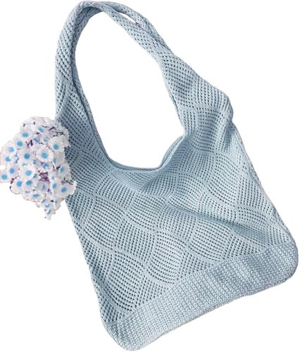 Bikasun Strandtasche Damen Häkeltasche für den Sommer, Umhängetasche Netz-Stricktasche Schultertasche Tasche Shopper Tote Bag Einkaufstasche Handtasche für Reisen Arbeit Schule, Blau