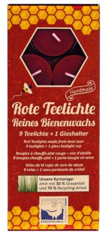 Kerzenfarm Hahn Bienenwachs Teelichte, rot, mit Glasteelichthalter