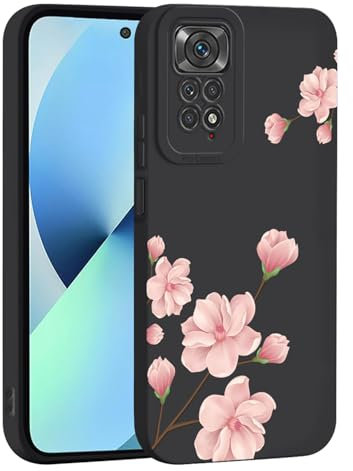 ILING Liquid Silikon Hülle für Xiaomi Redmi Note 11 / Redmi Note 11S 4G, Ultradünne Elegant Blumen und Niedliches Cartoon Muster Damen Handyhülle, Weich TPU Bumper Stoßfest Schutzhülle (Schwarz Q07)