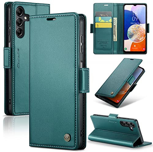 Rerzoiro for Samsung Galaxy A14 4G/5G Case, Premium PU Leather Wallet Case Flip Cover with [RFID Blocking][Card Holder][Stand Function] Shockproof Protective for Samsung Galaxy A14, Blue-Green