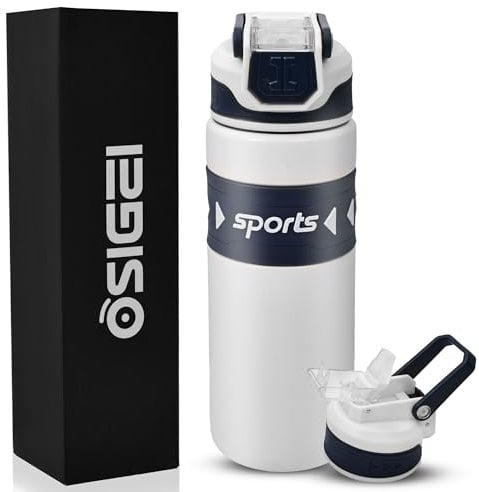OSIGEI Stainless Steel Water Bottle with Straw 600ml/21oz Insulated Water Bottles Metal Bottles Steel Thermal Gym Bottle Double Walled Drinks Bottle Leakproof Hot/Cold Water Flas (White)