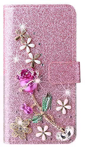 For iPhone 5/5S/SE 2016/iPhone SE 1st Gen Case Bling Diamond ROSE FLOWER PU Leather Flip Wallet Girls Women Phone Case Shockproof Bumper Cover Kickstand Protective hands-free Phone Case,Pink
