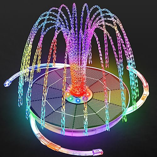 AISITIN Fuente solar LED de 6,5 W con barra de apoyo ajustable, bomba solar colorida para estanque con batería integrada con LED de doble cara, fuente solar redonda para baño de pájaros, estanque de