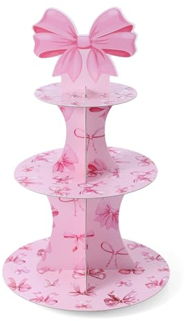 Schleife 3 Etagen Cupcake Ständer aus Karton, Kokette Cupcake Ständer Rosa Dickes Papier Cupcake Turm für Partys Solide Süß Dekoration für Dessert Geburtstagskuchen Tischdisplays
