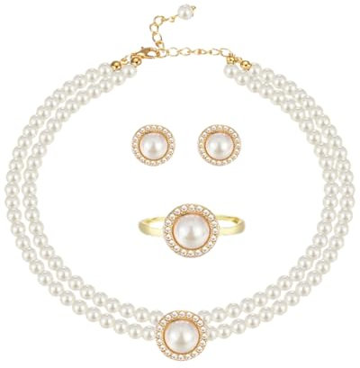 BPTRKOM 1 Satz Mehrreihige Perlenkette für Damen – 2-reihiger Perlen-Choker in Weiß | Elegantes Halskette-Set für Hochzeiten & besondere Anlässe | Mehrschichtiger Schmuck mit zeitlosem Design