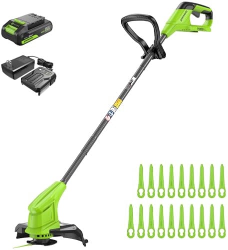 Greenworks 24V Tagliabordi a batteria da per giardini di piccole e medie dimensioni, larghezza di taglio di 25 cm, include 20 lame in plastica con batteria da 2,0 Ah e caricabatterie