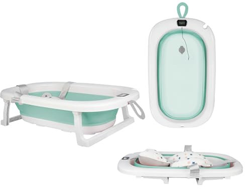 Baignoire Pliable avec Trou de Drainage Portable et Thermomètre à eau, Baignoire de Bain Autonome avec Coussin de Bain pour Enfant, Baignoires sur Pieds en Plastique PP+TPE (Vert 76 * 45 * 18 cm)