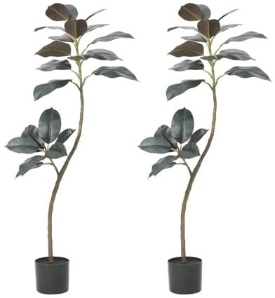 2 Pcs 120cm Artificial Rubber Tree with Realistic Leaves, Faux Plants with Black Pot, Decorative Simulated Rubber Tree for Indoor Outdoor Porch, Living Room, Office, Home Decor