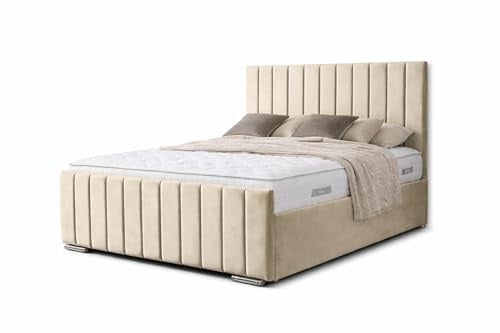 Plush Divan Bed Frame with Storage, 46-Inch Upholstered Headboard, 20-Inch Footboard, Contemporary Design, Small Double (Cream, 4ft6)