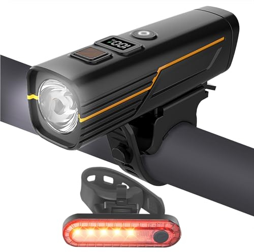 EBUYFIRE Luci Bicicletta Led con Sensori di Luce e Display Digitale, Set di Luci LED Ricaricabili per Bici, Super Luminose Anteriore e Posteriore, Luce Posteriore Bici, Torcia Frontale (1)