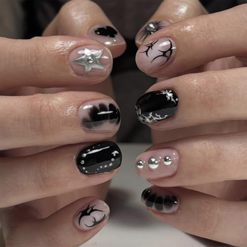 Nymora 24pcs Fake Nails, Black Star French Tip Press on Nails with Glue & File, Gothic Style Removable Artificial Nail for Women & Girls