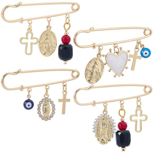 BEAMARKER 1 Box 4 Stile Sicherheitsnadel Mit Bösem Blick Dekorative Broschennadeln Echtes 18 Karat Vergoldetes Eisen Messing Emaille Teufelsaugen Kreuz Herz Glücksbringer Kleidungsbrosche Für Pullover